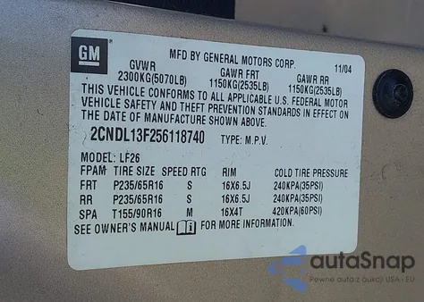 2005 Chevrolet Equinox Ls from USA, damaged, VIN 2CNDL13F256118740
